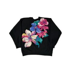 Vintage 80s Tultex Custom Floral Sweatshirt L USA Wearabke Art Black